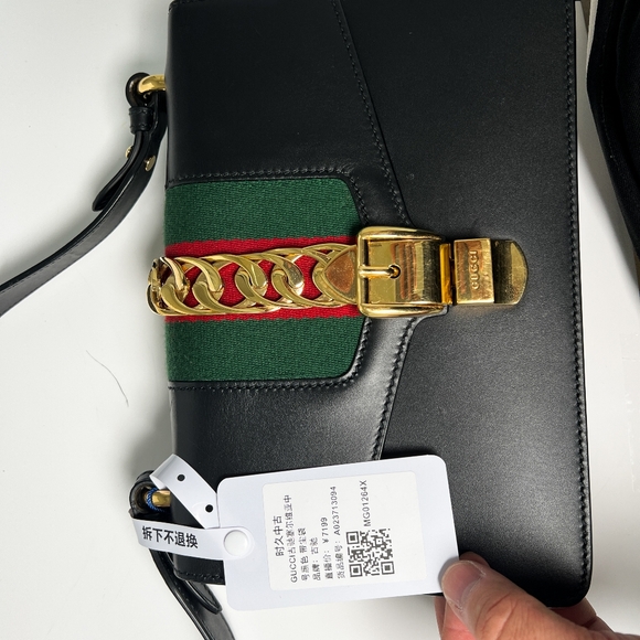 Gucci Black Leather Mini Web Chain Sylvie Top Handle Bag - Picture 7 of 16